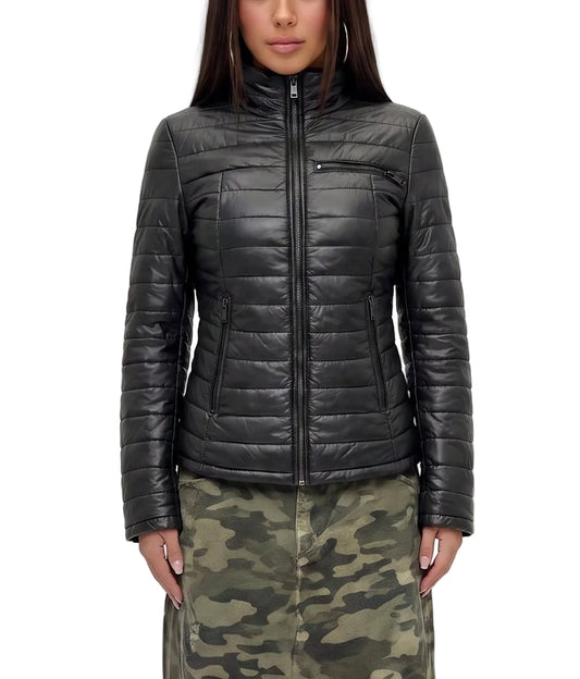 Xchic Pelle Hoova black sport puffer jacket in soft Nappa leather, full view showing quilted design and stylish fit