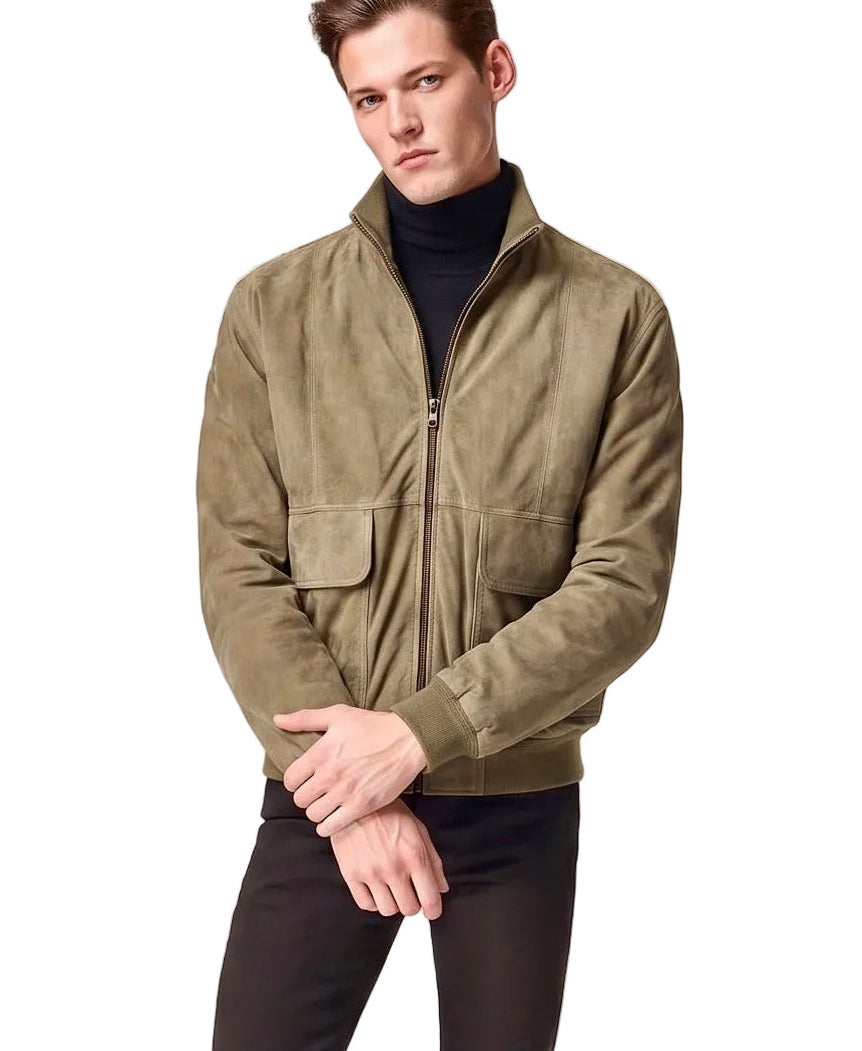 Xchic Pelle Visone Suede Goat Polo Zip Jacket shown in full view, featuring a classic design with a front zipper and smooth suede texture.