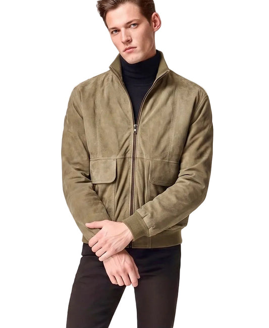 Xchic Pelle Visone Suede Goat Polo Zip Jacket shown in full view, featuring a classic design with a front zipper and smooth suede texture.