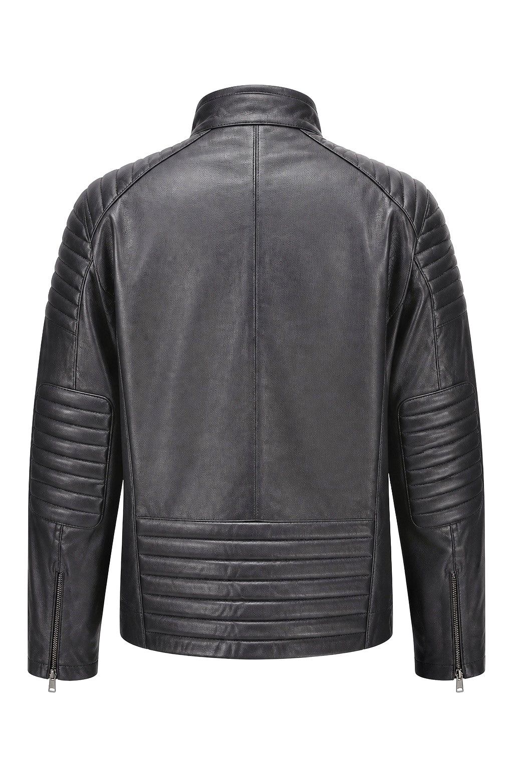 Black leather men's moto biker jacket by Xchic Pelle, crafted from soft Nappa leather, shown in a full front view.