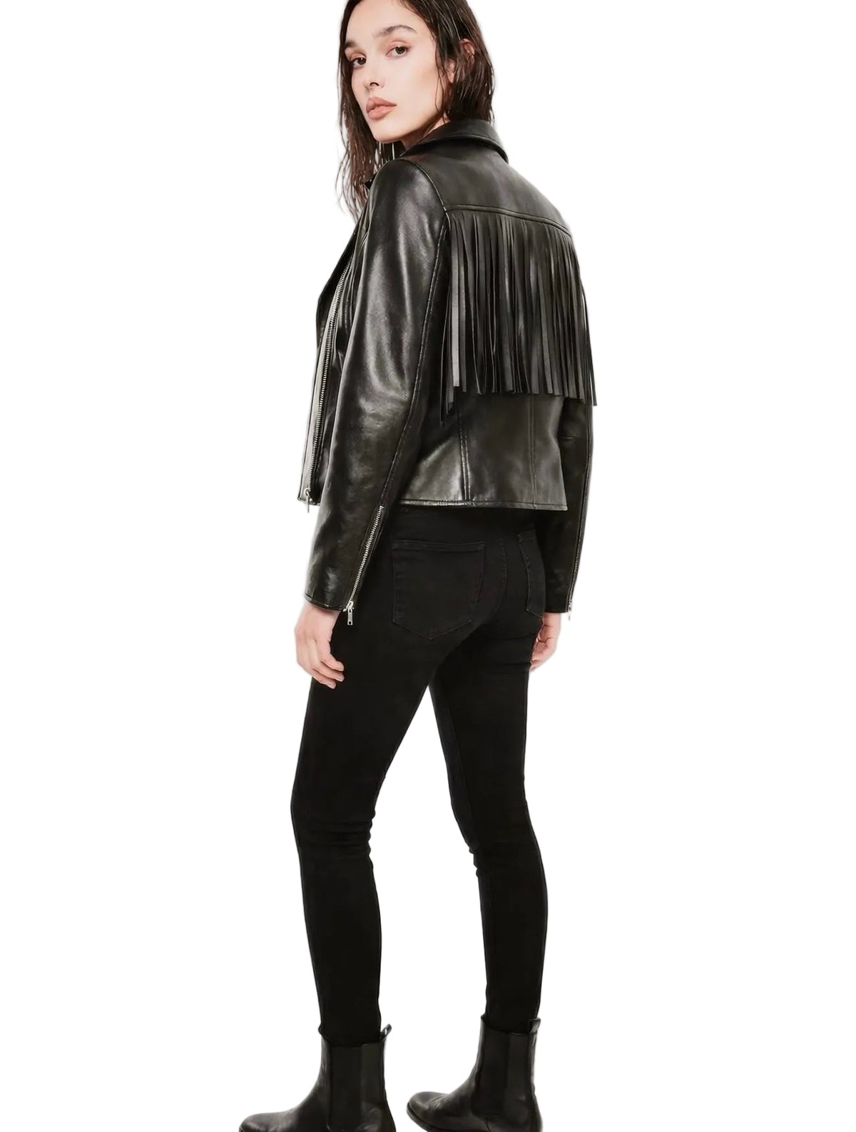 Xchic Pelle "Perfecto" cowboy biker leather jacket in soft genuine lambskin, shown on a hanger with detailed stitching and lapel design.