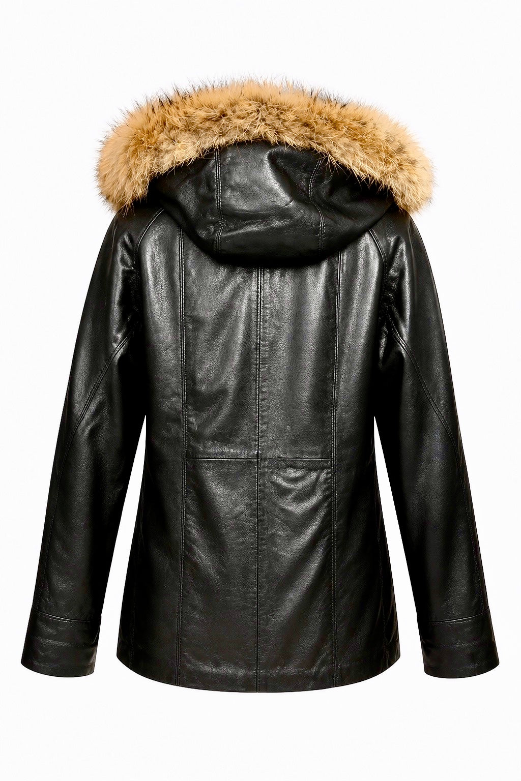 “Isabella” (PLUS SIZE) Black Leather Parka with Fur/Fox Hood
