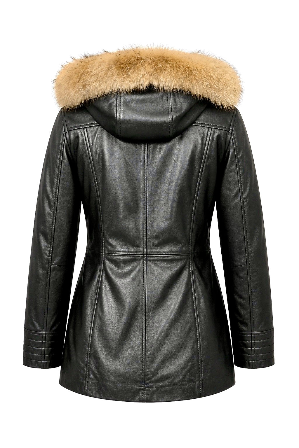 “Nora” Black Leather Jacket with Fur/Fox Hood