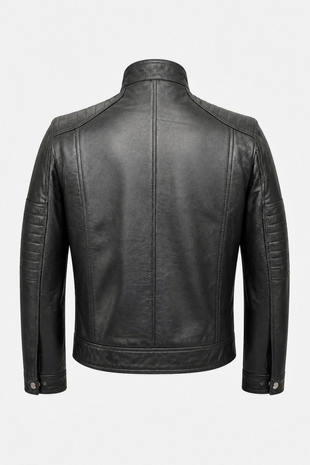 Black leather biker jacket by Xchic Pelle, featuring soft Nappa leather and classic design, shown in a full front view.