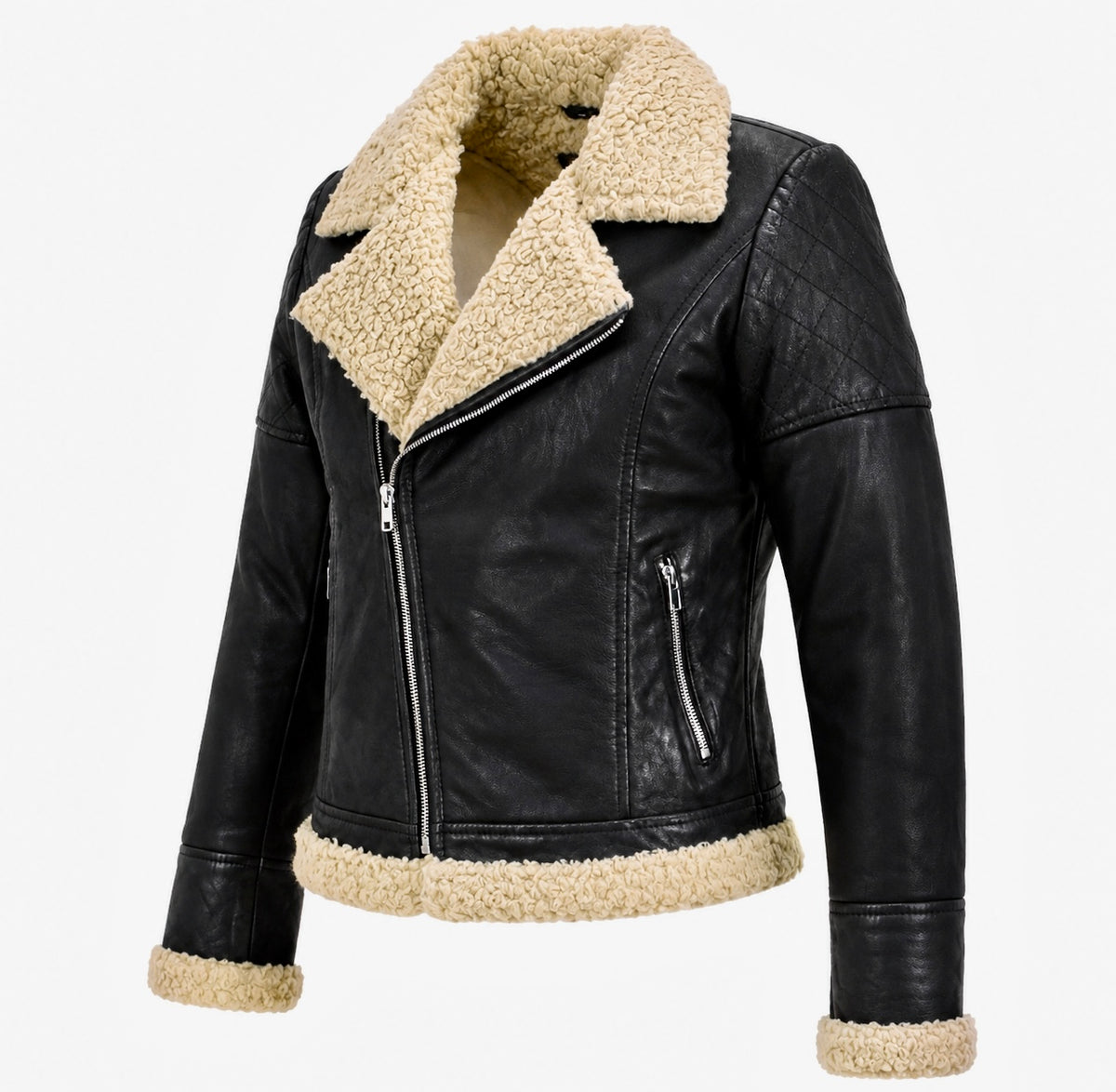 Xchic Pelle Stella black leather aviator jacket with shearling collar and shearling lining, full view of the stylish leather design.