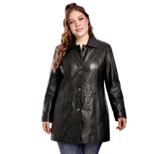 “Victoria” (PLUS SIZE) Black Leather Long Coat in soft Nappa