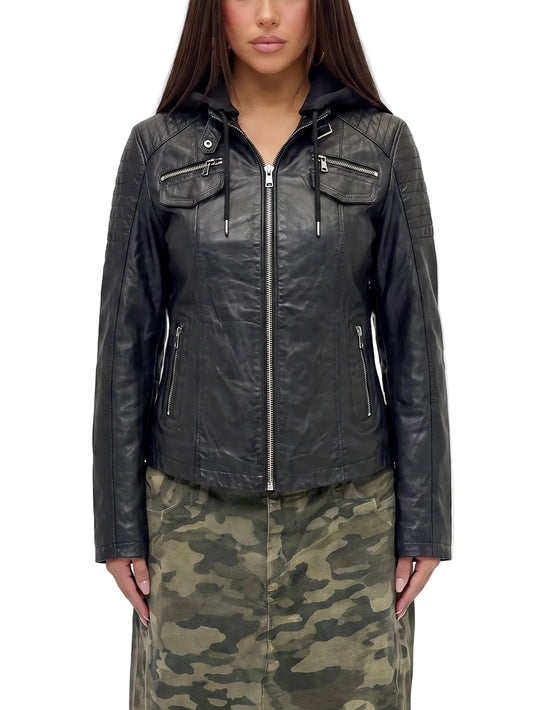 Xchic Pelle "Laura" black leather jacket with hoodie, full view showing the stylish design and premium leather material.
