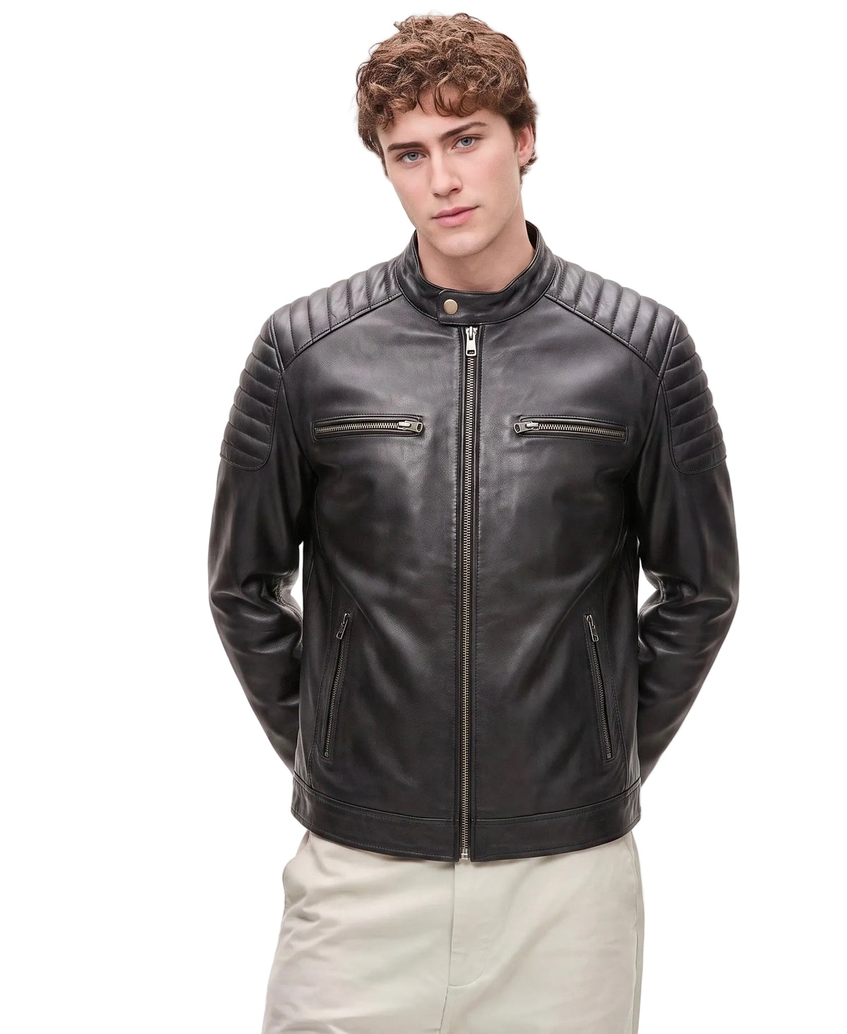 Xchic Pelle men's black leather moto biker jacket in soft nappa leather, full view showing classic collar and zip details.