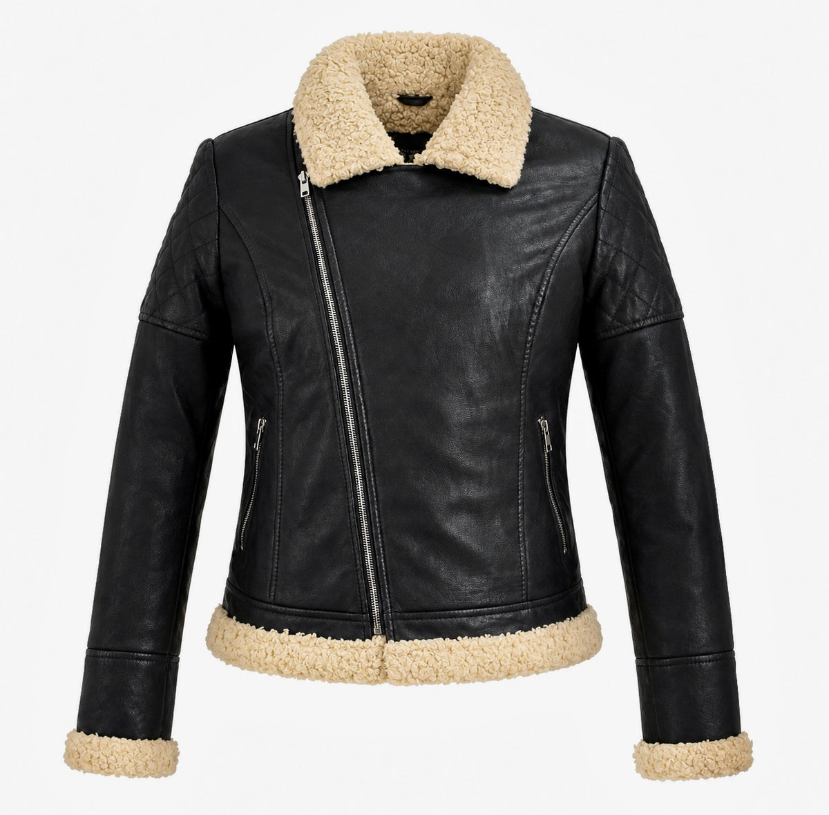 Xchic Pelle Stella black leather aviator shearling jacket with shearling collar and front zipper, full view of the stylish outerwear.