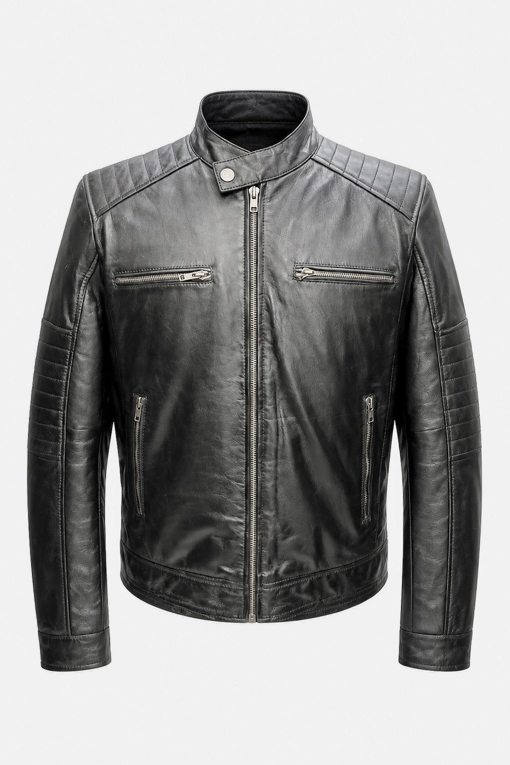Black leather biker jacket from Xchic Pelle's Fielder collection, featuring soft Nappa leather and classic design.