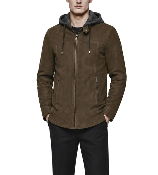 Xchic Pelle Lucas dark olive suede castor leather jacket with hoodie, full view showing front and textured material details.