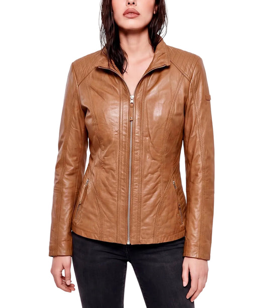 Xchic Pelle Sienna camel leather jacket in soft genuine Nappa, full view showcasing its stylish design and smooth texture.