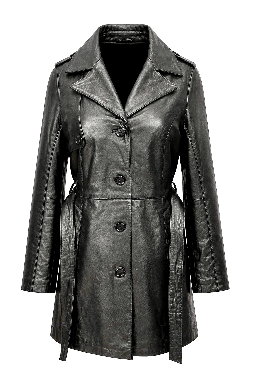 “Cairo” Black Leather Coat with Belt in soft Nappa