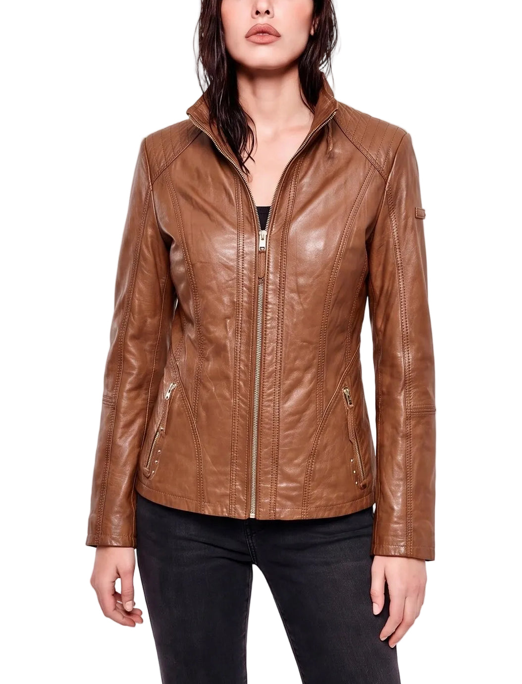 Xchic Pelle Sienna camel leather jacket in soft genuine Nappa, full-length view highlighting sleek design and smooth leather texture.