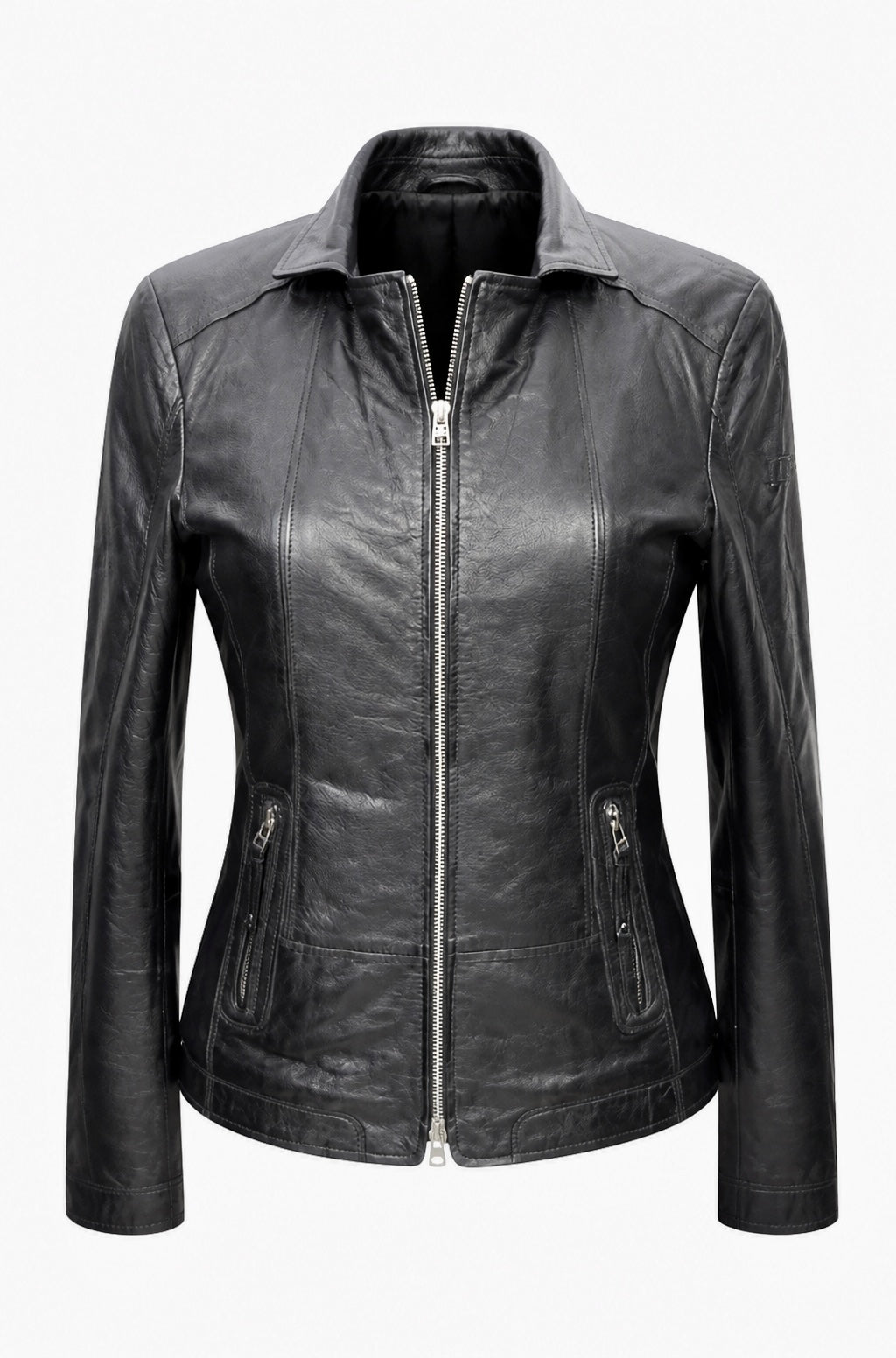 Xchic Pelle 8700C black leather jacket in soft genuine Nappa, full view showing classic design and smooth leather texture.