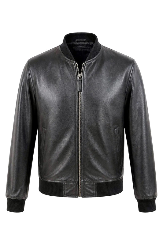 “V neckBomber” Leather Jacket in soft genuine lambskin with v neck