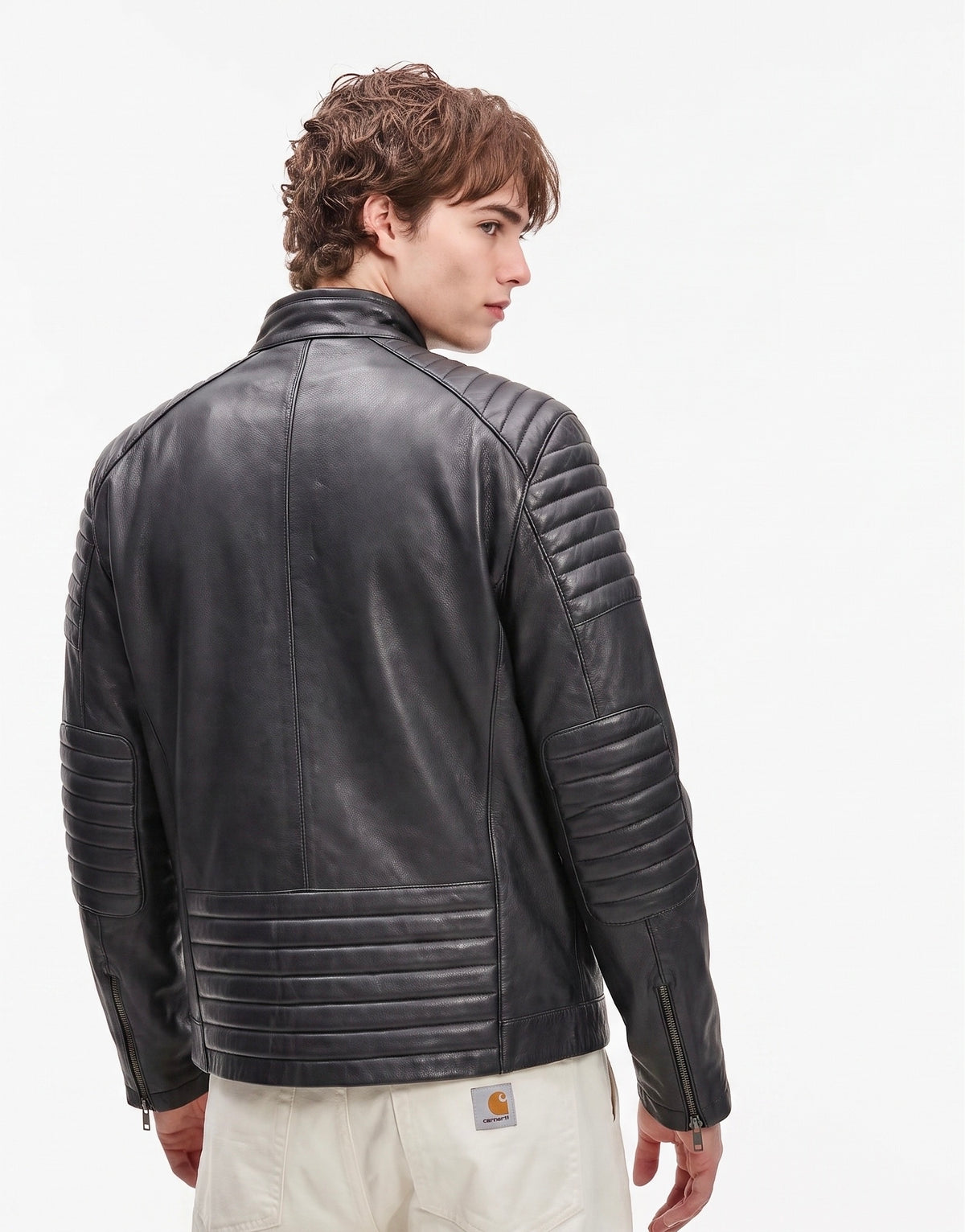 Men's black leather moto biker jacket by Xchic Pelle, crafted from soft Nappa leather, shown in full view.
