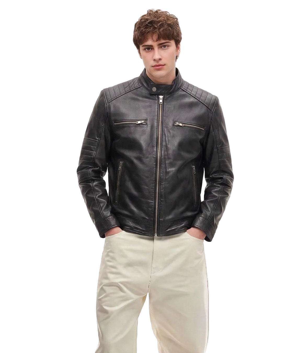 Xchic Pelle black leather biker jacket in soft Nappa leather, full view showing classic design and textured finish.