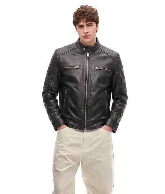 Xchic Pelle black leather biker jacket in soft Nappa leather, full view showing classic design and textured finish.