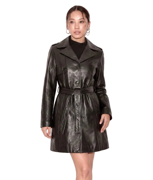 “Cairo” Black Leather Coat with Belt in soft Nappa