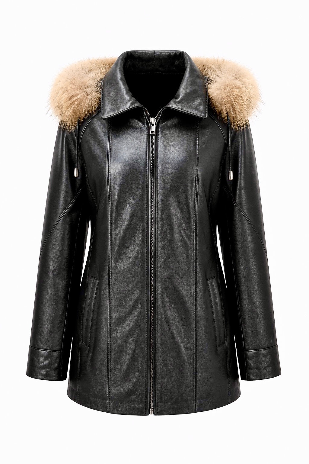 “Isabella” (PLUS SIZE) Black Leather Parka with Fur/Fox Hood