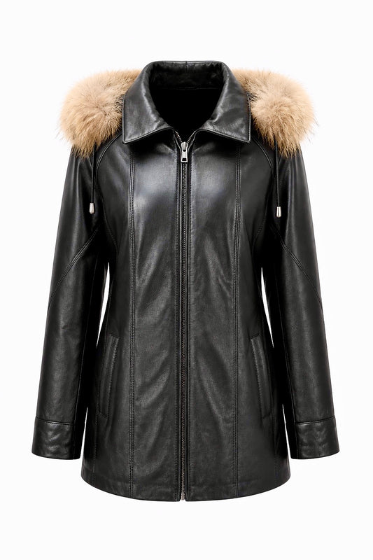 “Isabella” (PLUS SIZE) Black Leather Parka with Fur/Fox Hood