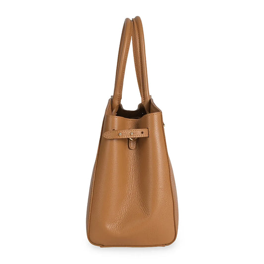 Xchic Pelle Amara Luxe Leather Tote in camel color, showing spacious interior and elegant design with sturdy handles.
