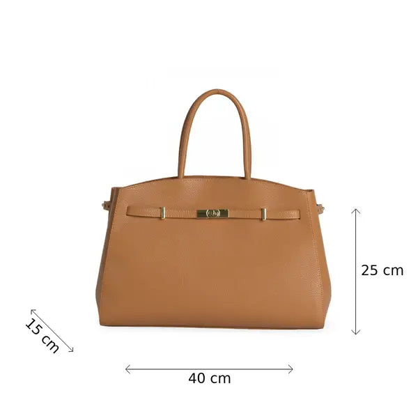 Xchic Pelle Amara Luxe Leather Tote bag in camel color, showcasing its spacious design and premium leather texture.