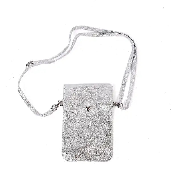 Suzann Xchic Pelle silver leather crossbody phone case with sleek design and compact size, featuring a secure phone compartment.