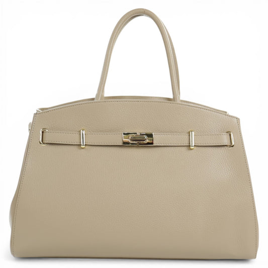 Xchic Pelle Amara Luxe Leather Tote in taupe with double handles and sleek design, shown on a neutral background.