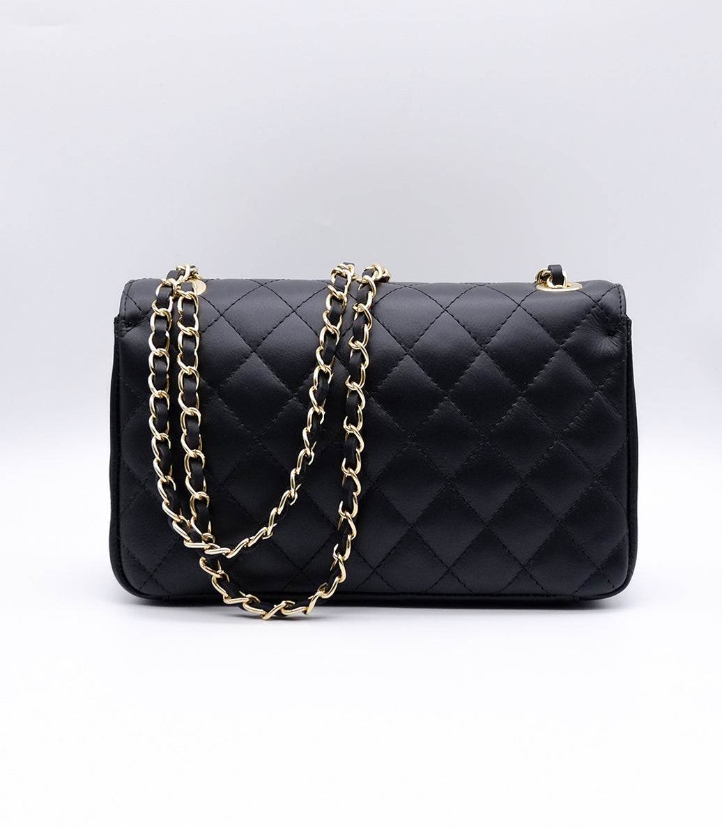 ‘’Élise’’ Quilted Chain Leather Bag – Black
