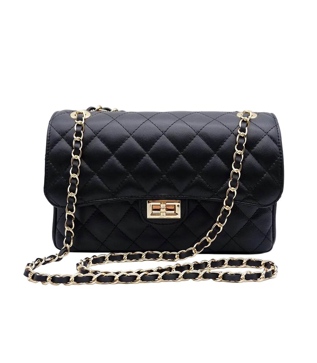 ‘’Élise’’ Quilted Chain Leather Bag – Black