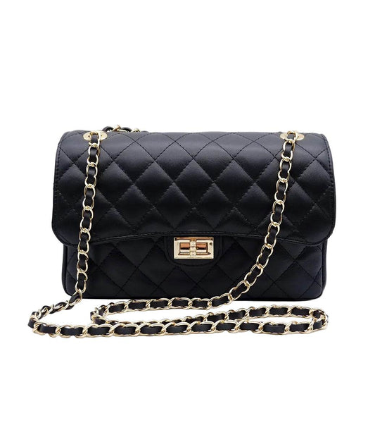 ‘’Élise’’ Quilted Chain Leather Bag – Black