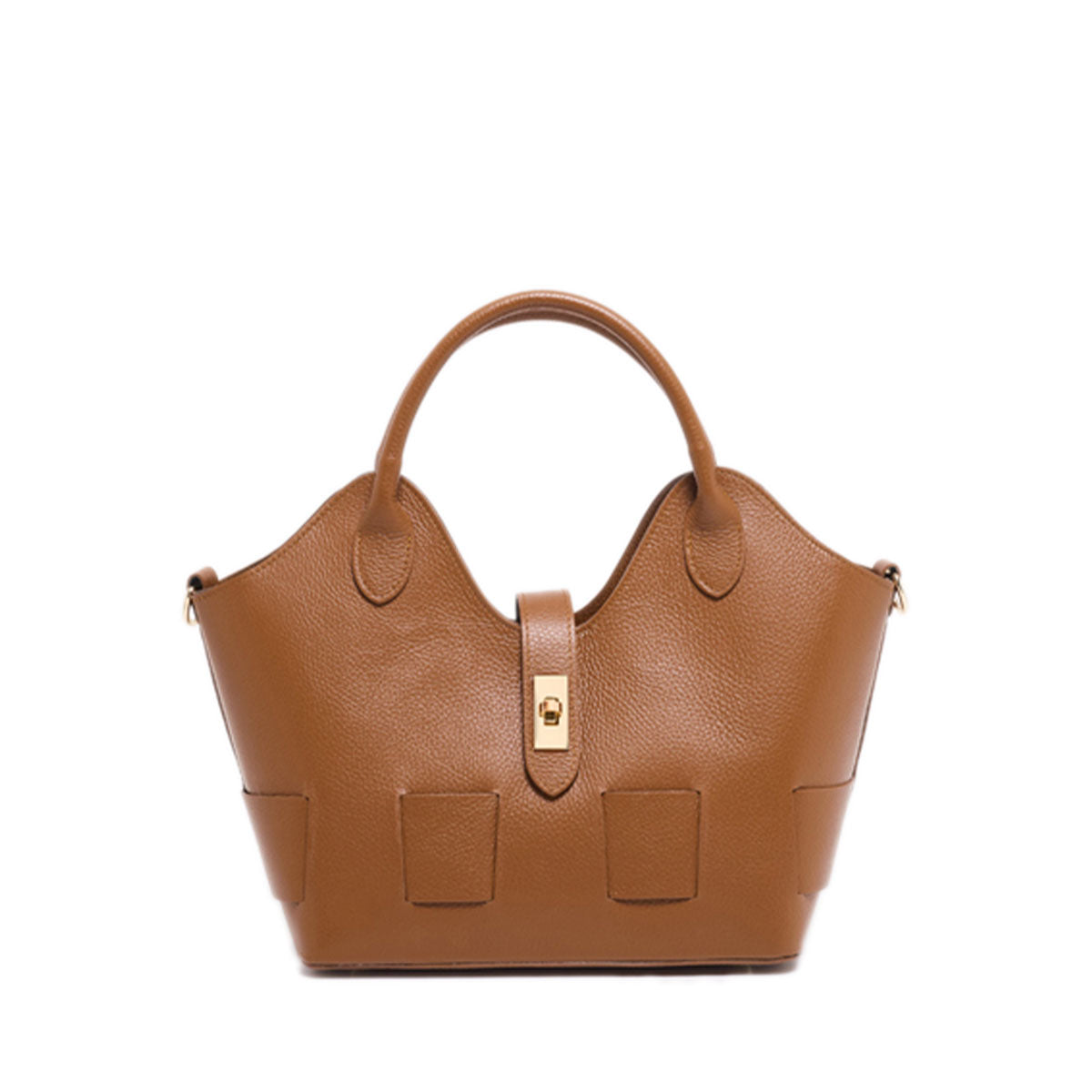 Xchic Pelle Camelia Prestige Leather tan handbag with sleek design and gold hardware, stylish and elegant for everyday use.
