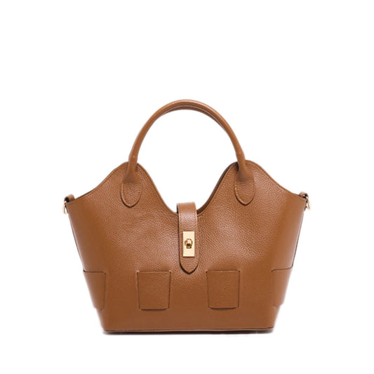 Xchic Pelle Camelia Prestige Leather tan handbag with sleek design and gold hardware, stylish and elegant for everyday use.