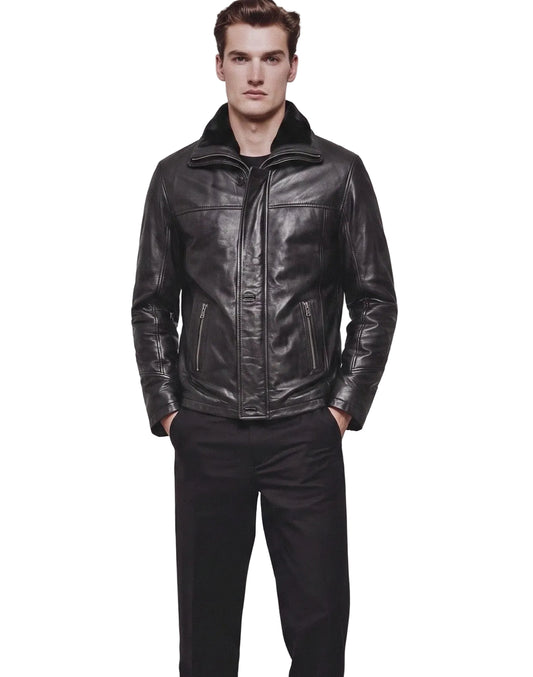 Xchic Pelle Gingo black leather parka jacket in soft Nappa leather, featuring a stylish, sleek design and classic fit.