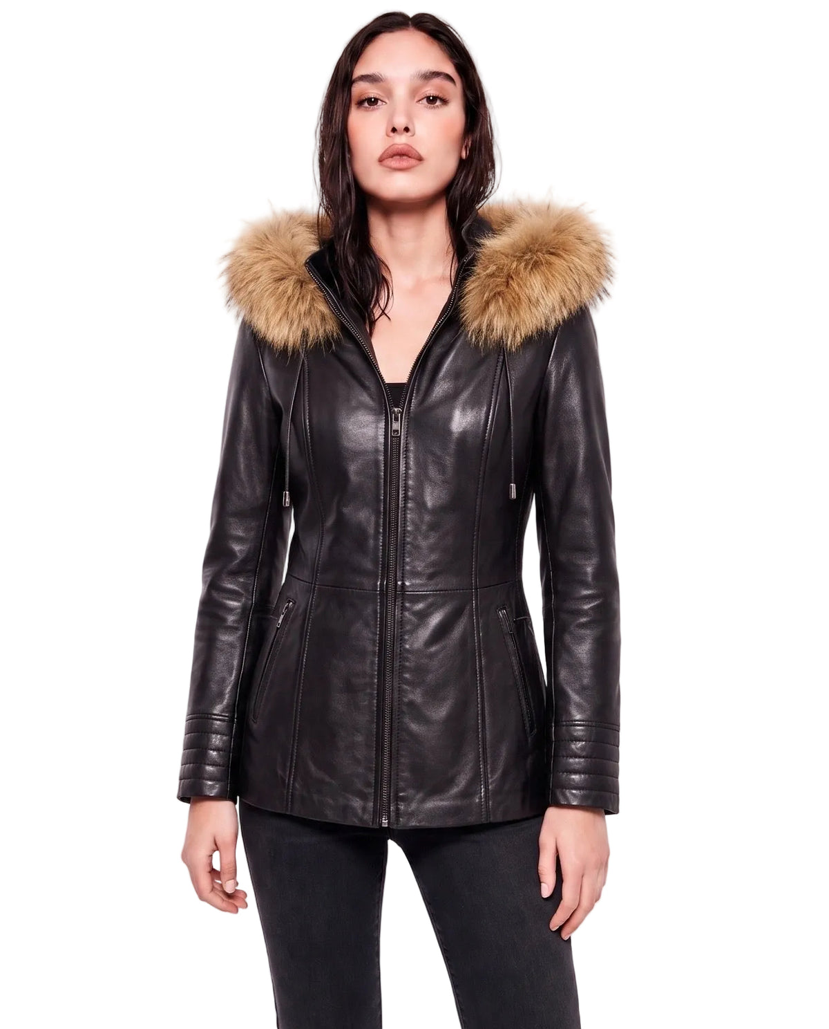 “Nora” Black Leather Jacket with Fur/Fox Hood